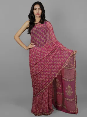 Magenta Pink Yellow Hand Block Printed Chiffon Saree - S031702069