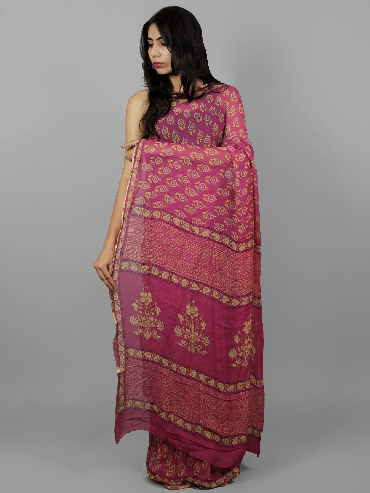 Magenta Pink Yellow Hand Block Printed Chiffon Saree - S031702069