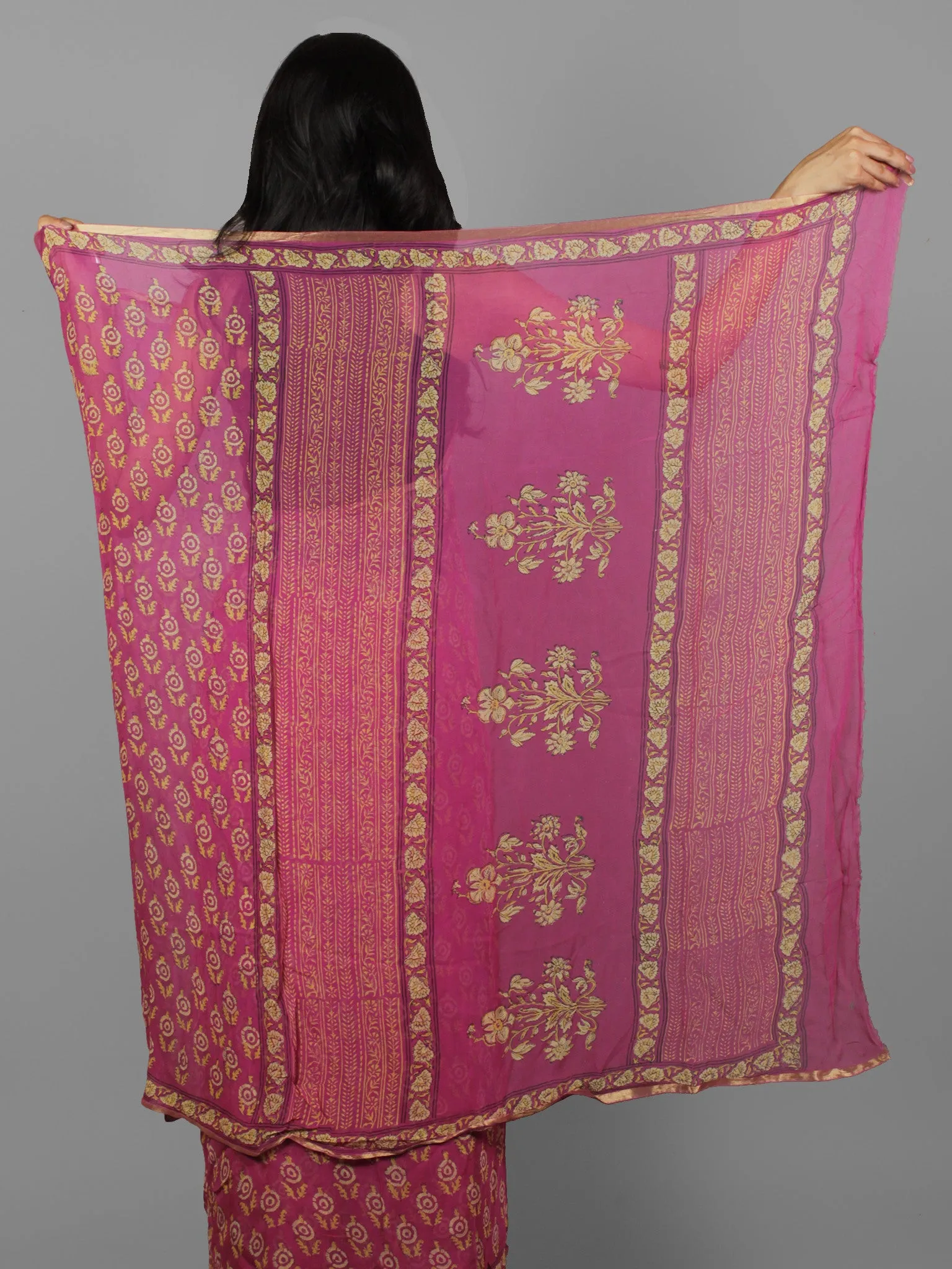 Magenta Pink Yellow Hand Block Printed Chiffon Saree - S031702069