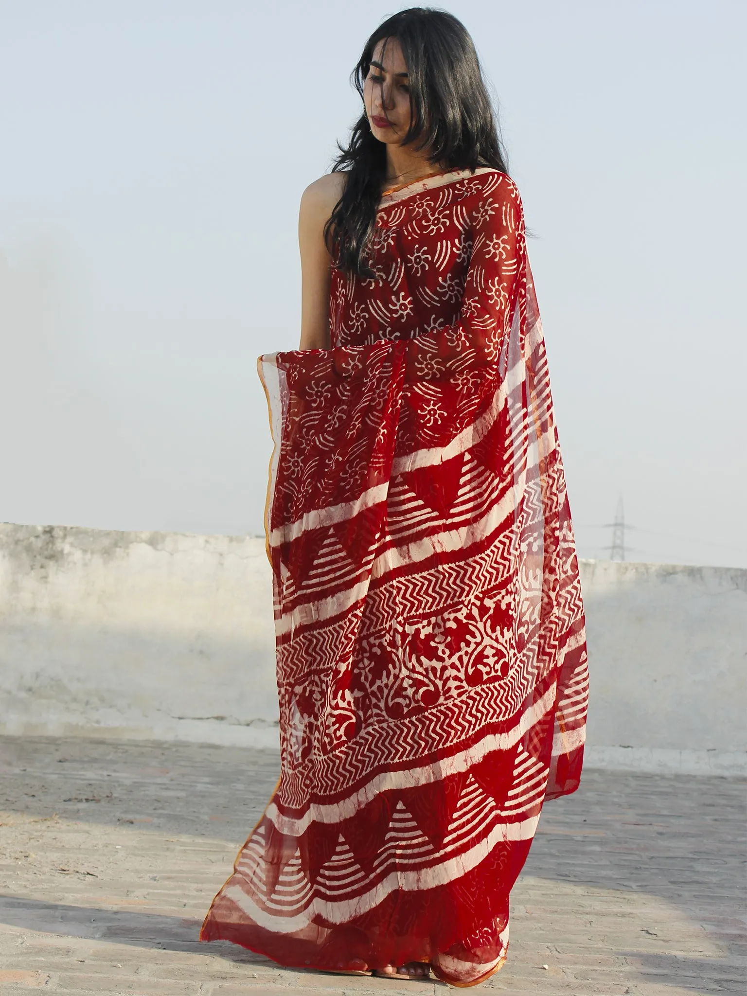 Maroon Ivory Hand Block Printed Chiffon Saree - S031702335