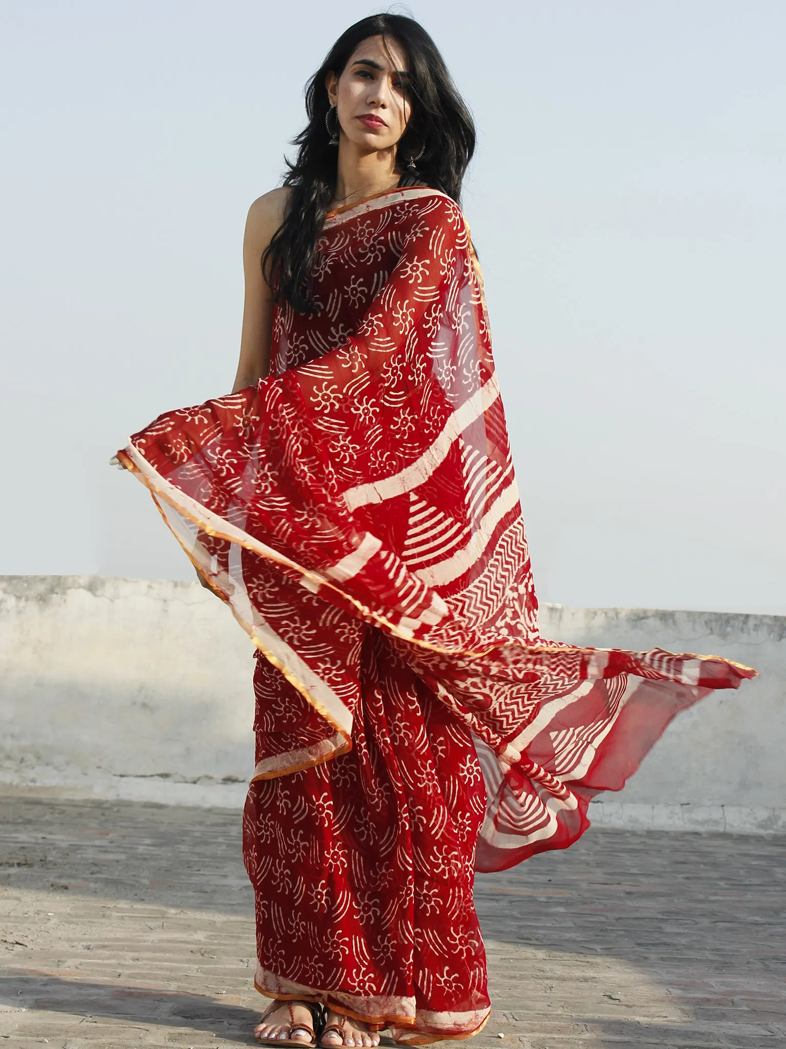 Maroon Ivory Hand Block Printed Chiffon Saree - S031702335