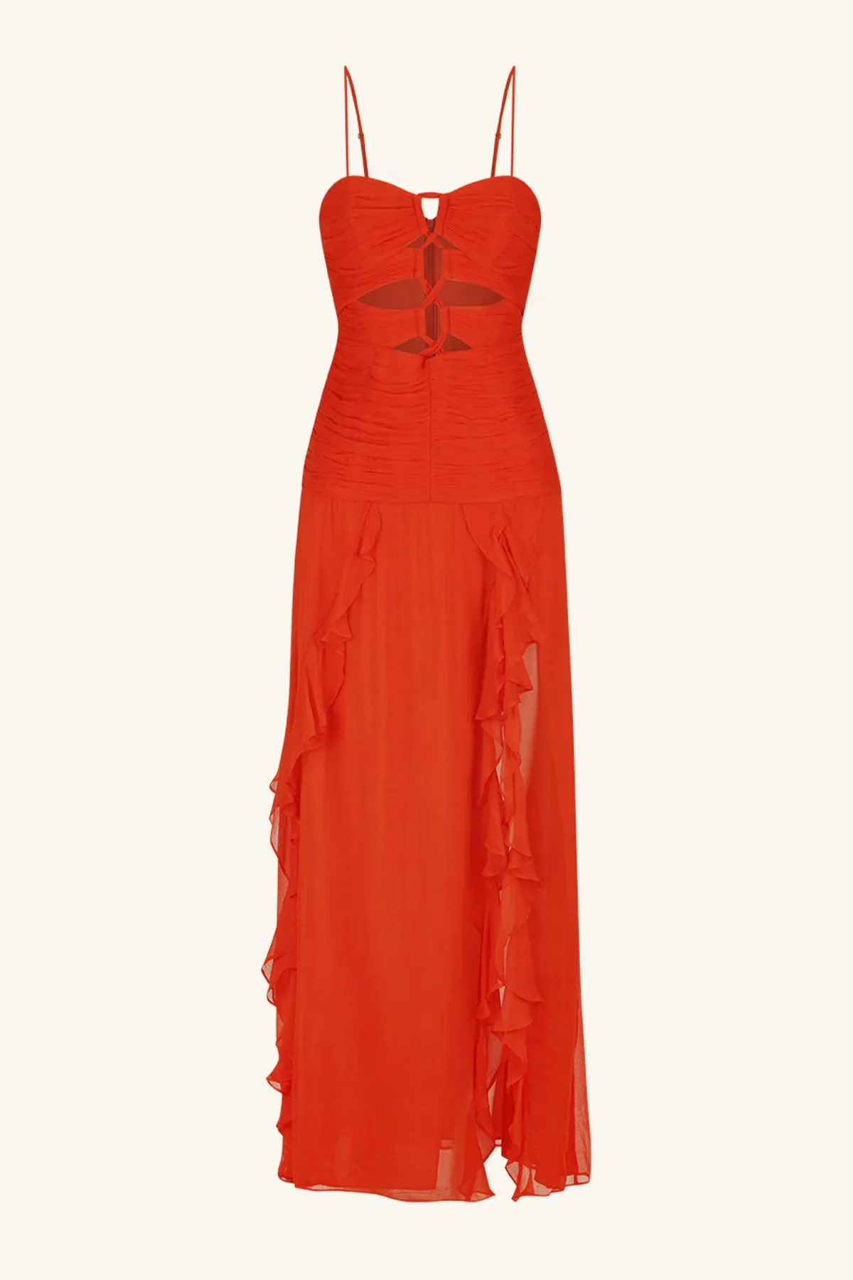 MAYA RUCHED LACE UP MAXI DRESS - HIBISCUS