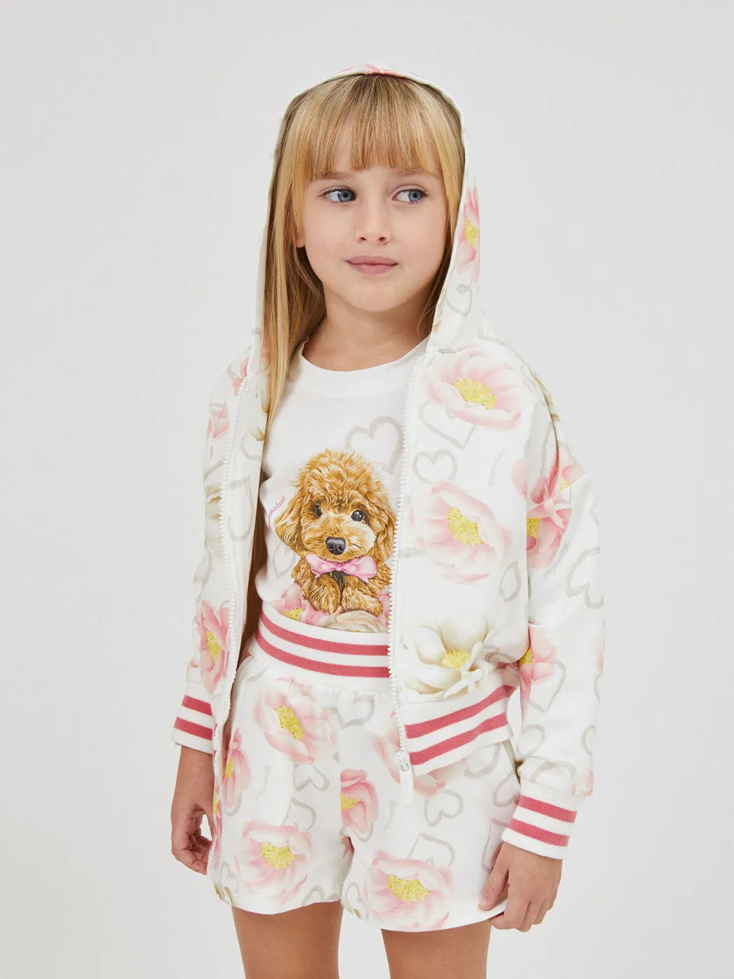 MONNALISA Ecru anemone print T-shirt for girls-19B610