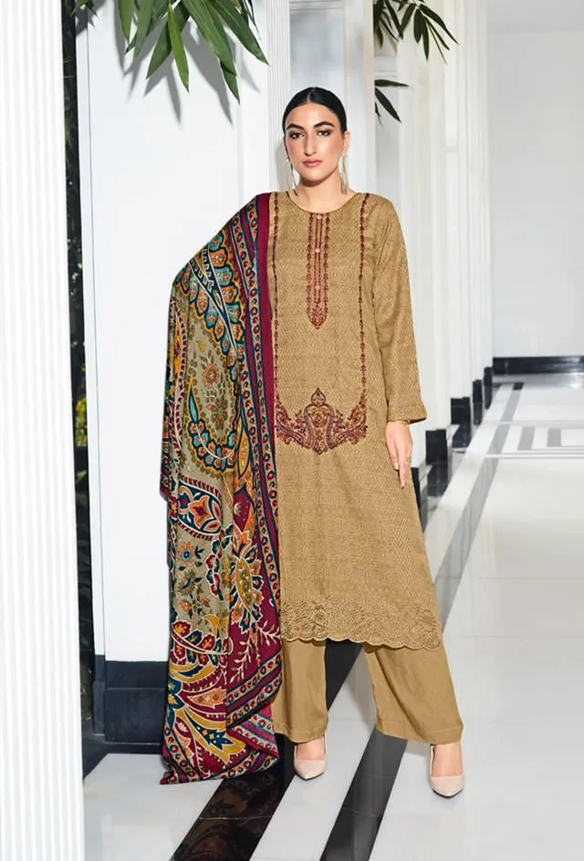 Mumtaz Arts Pashmina Brown Winter Unstitched Suits for Ladies