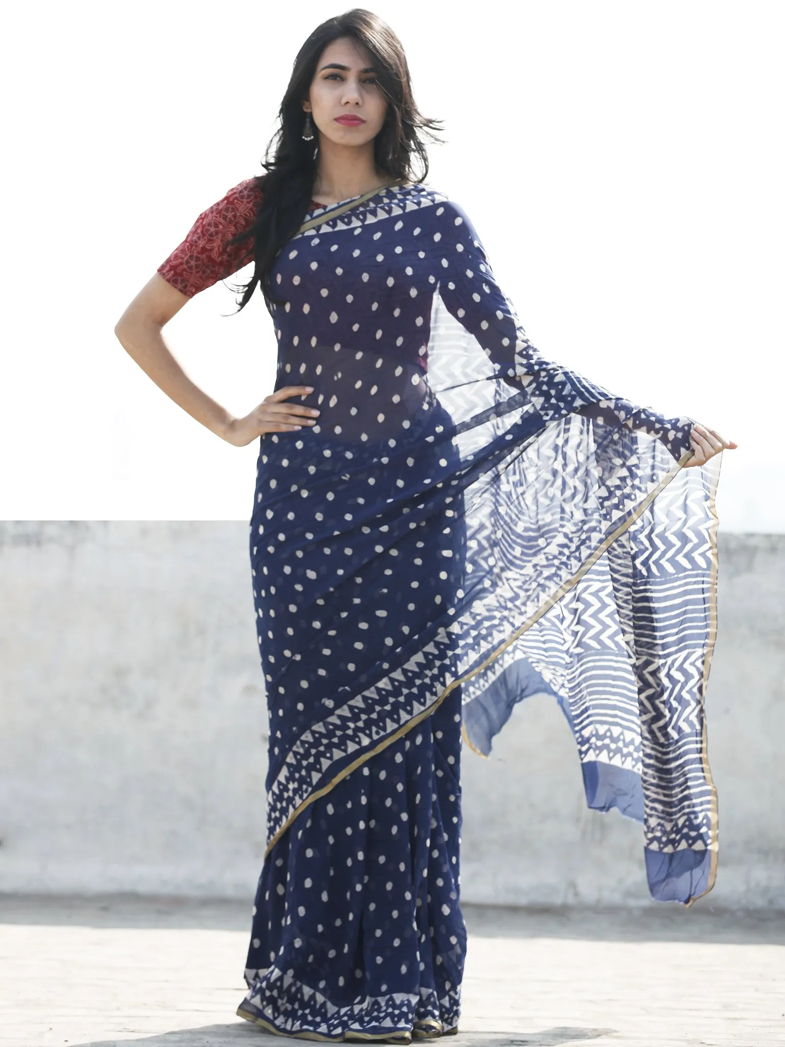 Navy Blue White Hand Block Printed Chiffon Saree With Zari Border - S031702614