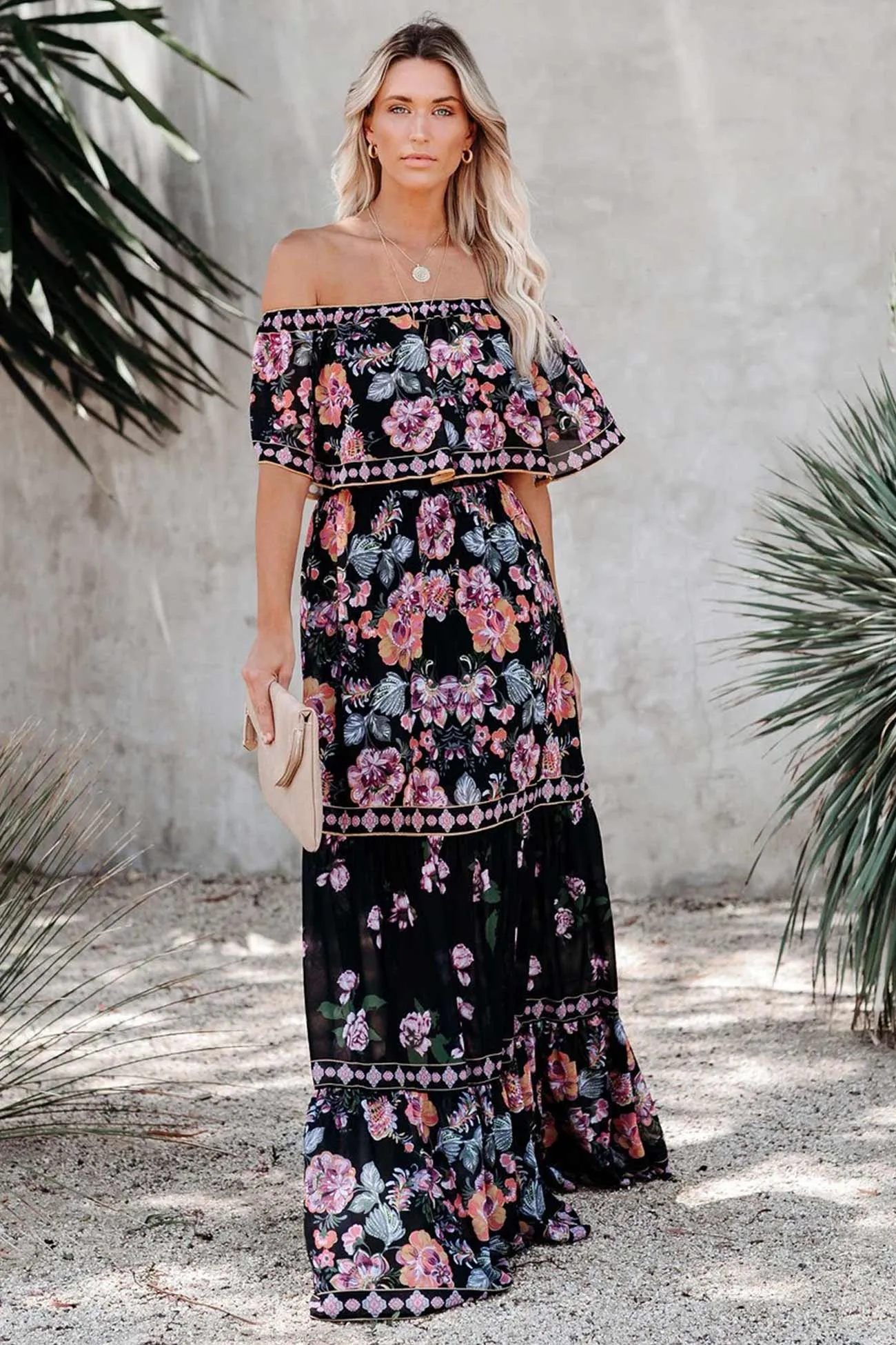 Off Shoulder Floral Print Tiered Maxi Dress