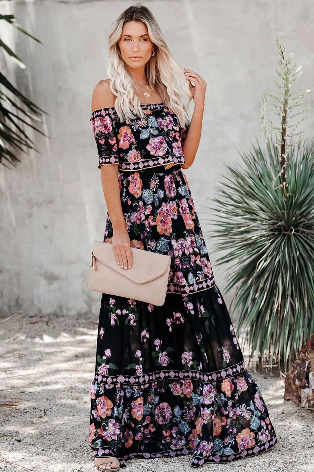 Off Shoulder Floral Print Tiered Maxi Dress