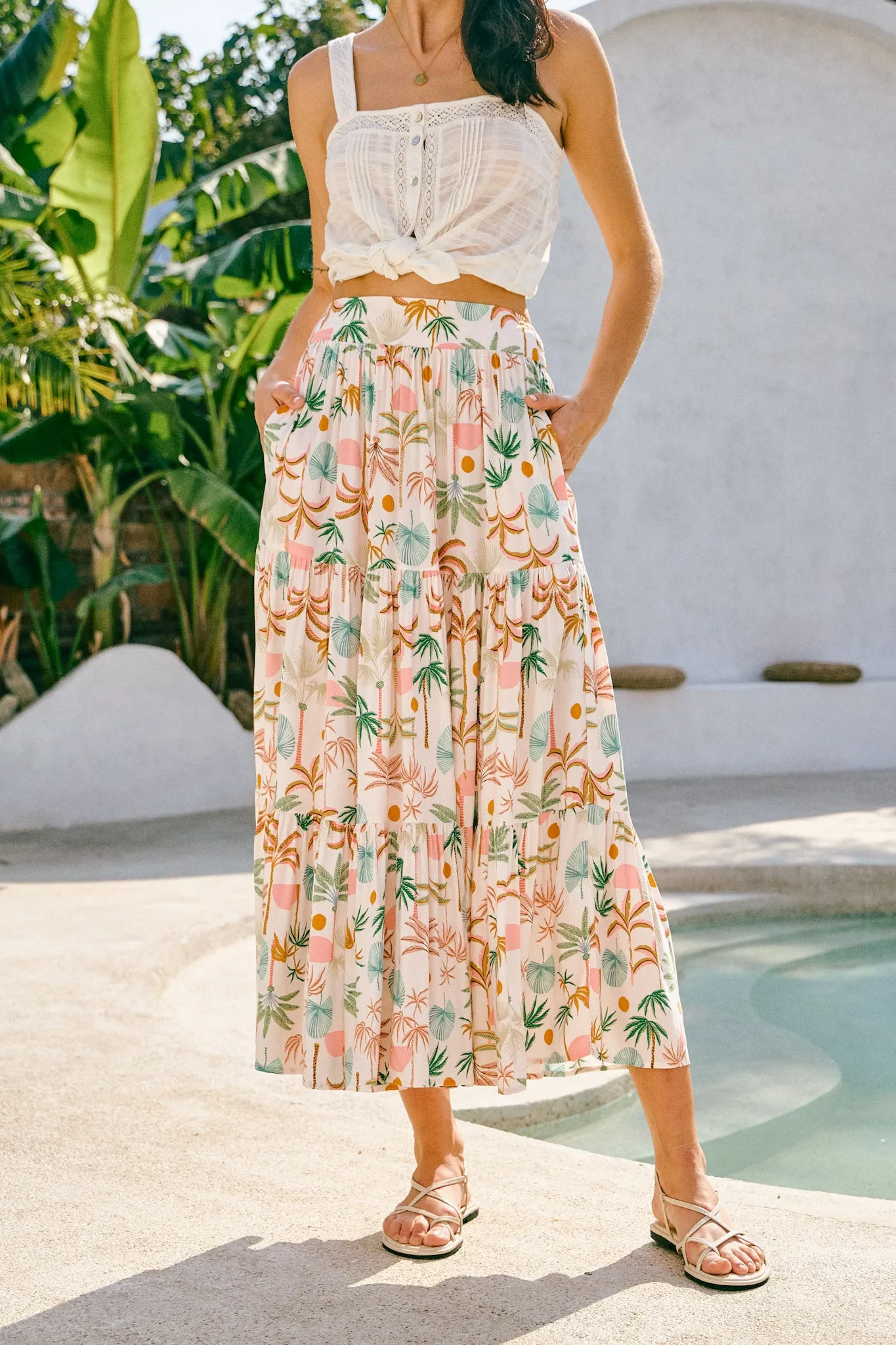 Paloma Brown Green Tropical Tiered Maxi Skirt