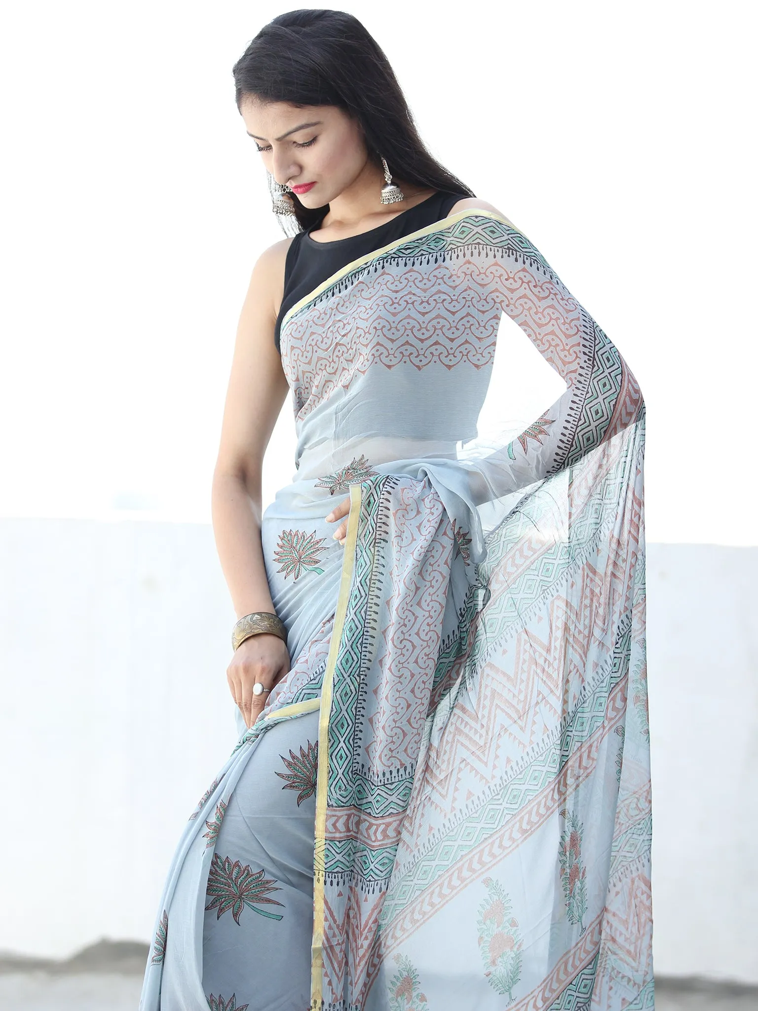 Pastel Blue Rust Hand Block Printed Chiffon Saree with Zari Border - S031703926