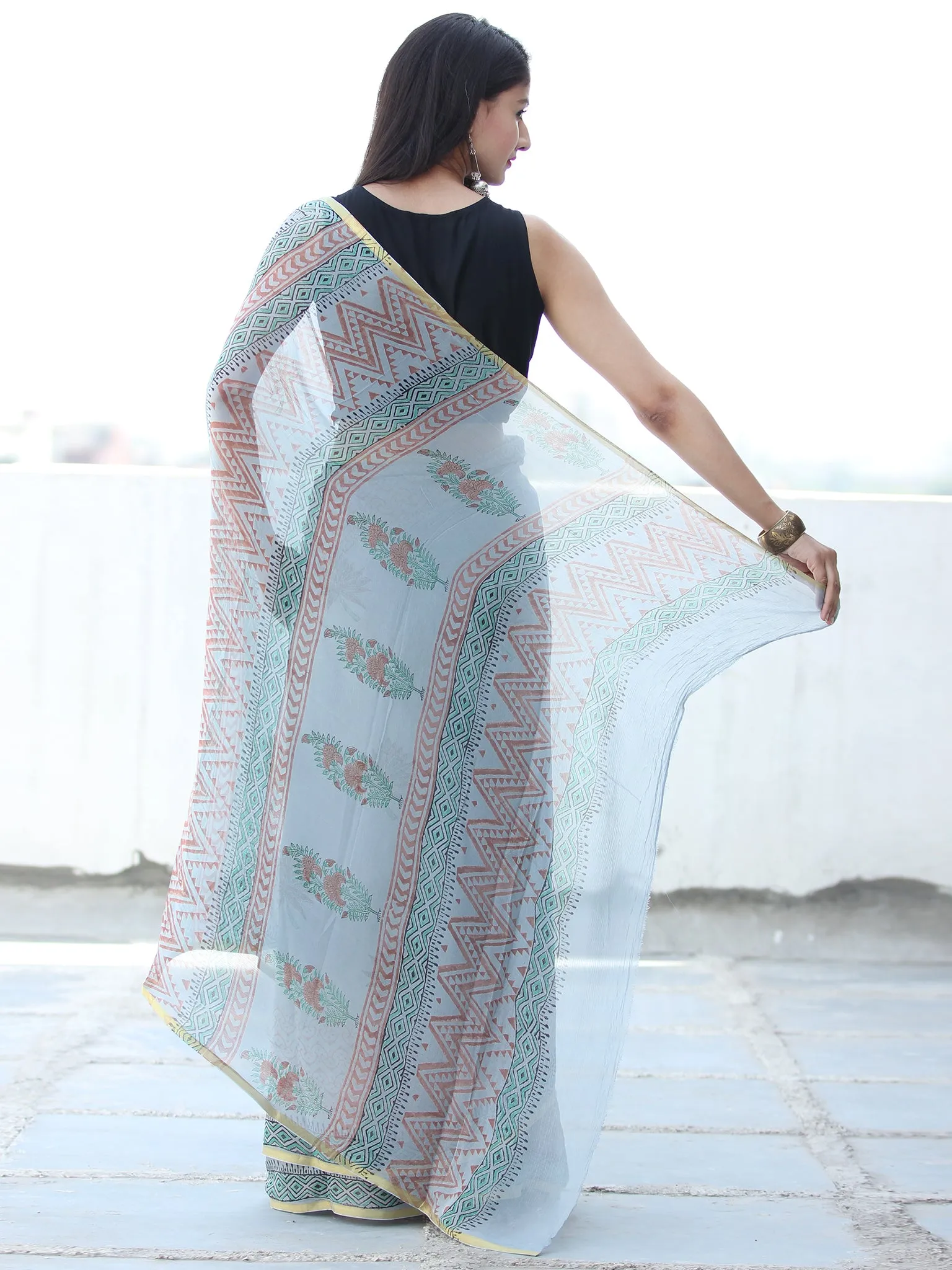 Pastel Blue Rust Hand Block Printed Chiffon Saree with Zari Border - S031703926