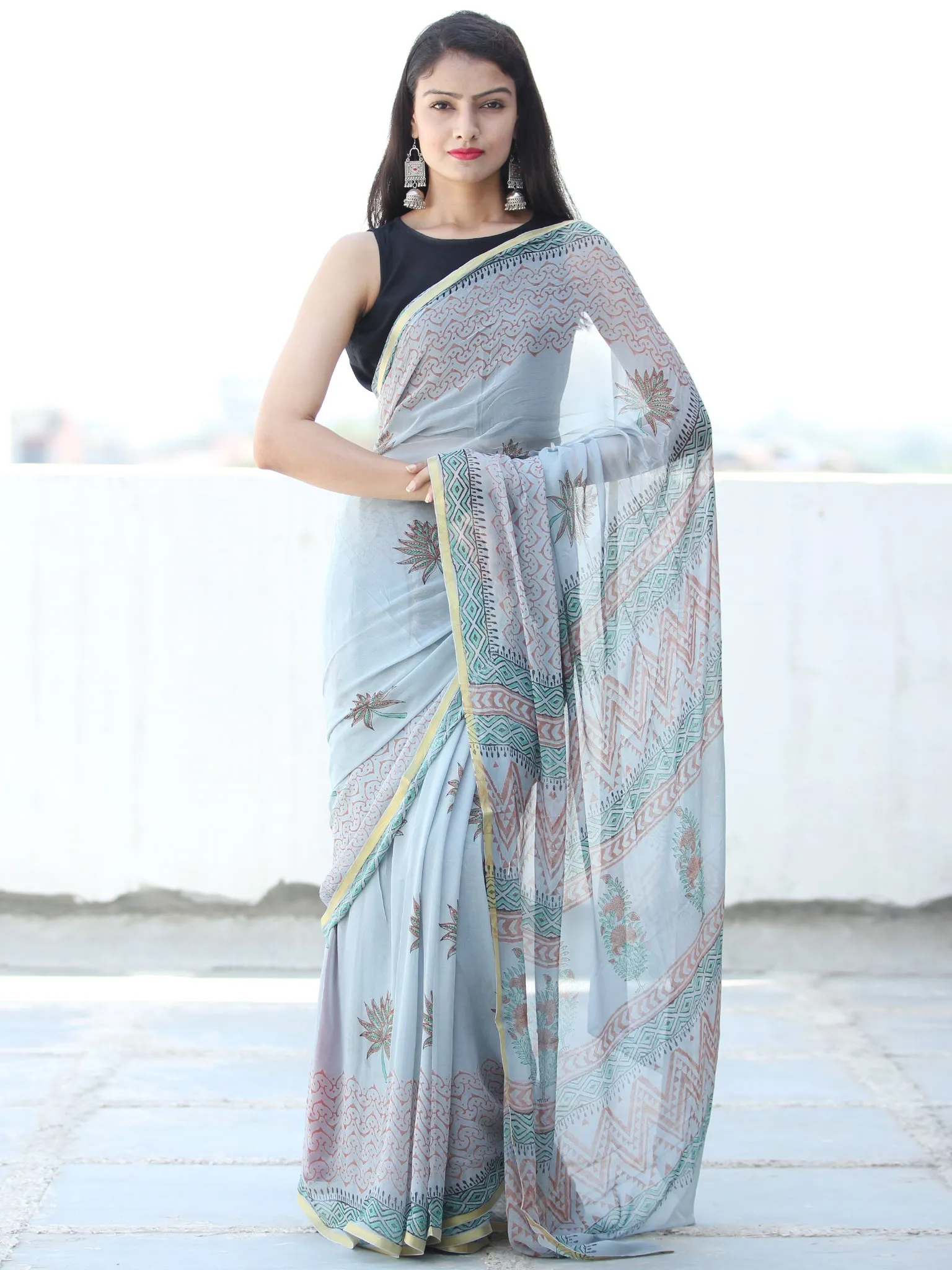 Pastel Blue Rust Hand Block Printed Chiffon Saree with Zari Border - S031703926