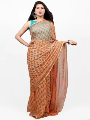 Peach Blue Hand Block Printed Chiffon Saree with Zari Border - S031703281