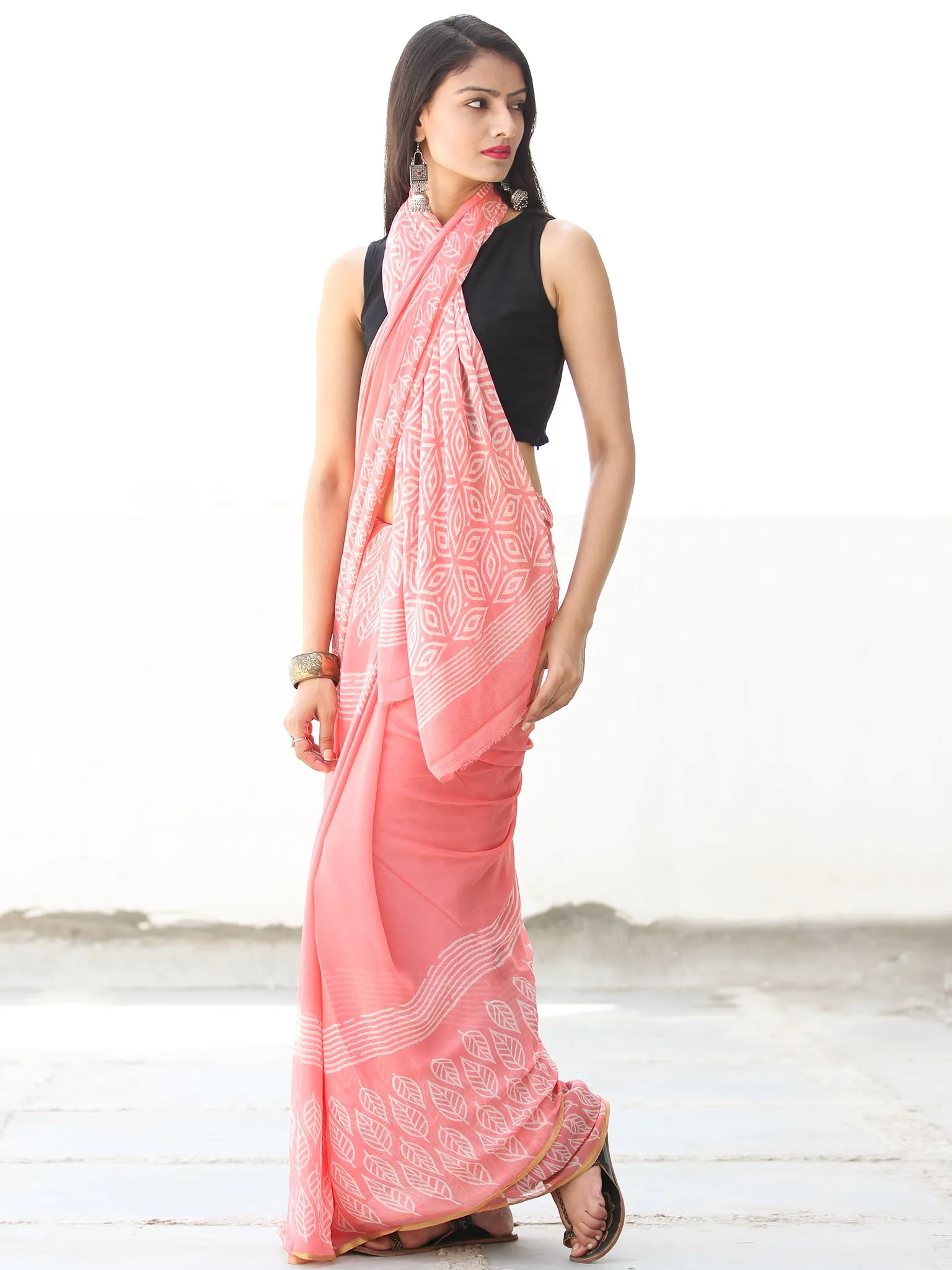 Peach White  Hand Block Printed Chiffon Saree with Zari Border - S031703915