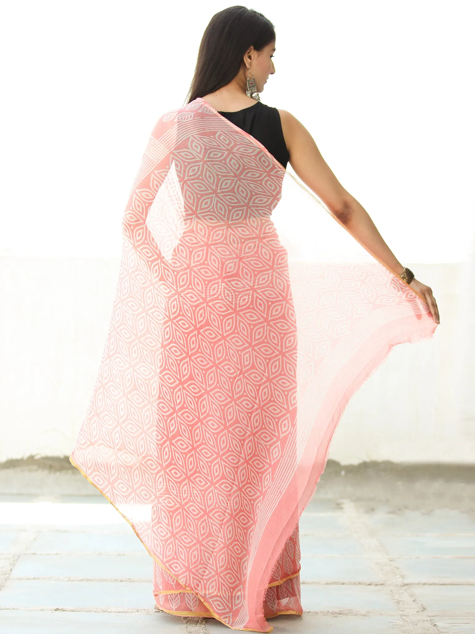 Peach White  Hand Block Printed Chiffon Saree with Zari Border - S031703915