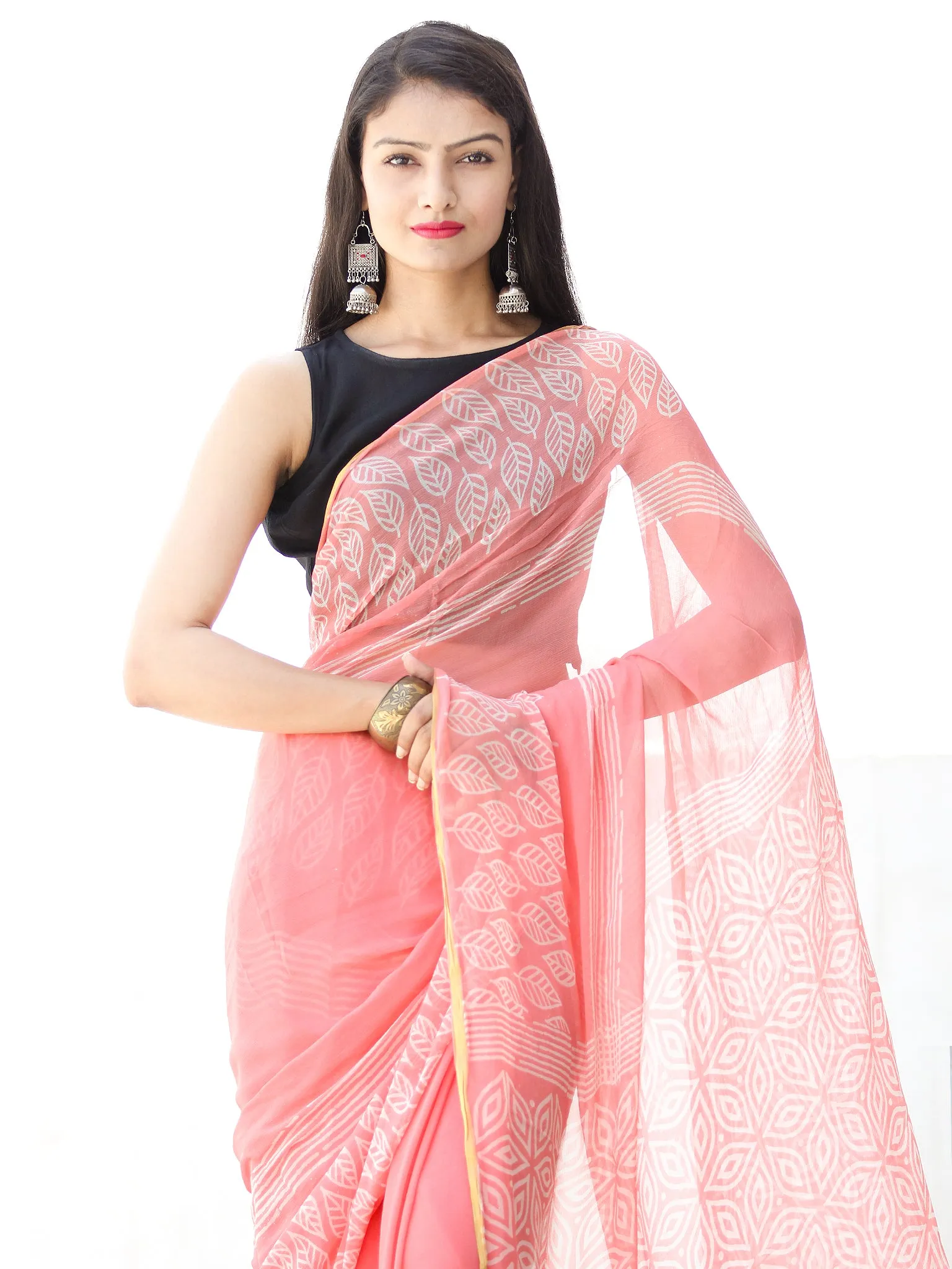 Peach White  Hand Block Printed Chiffon Saree with Zari Border - S031703915