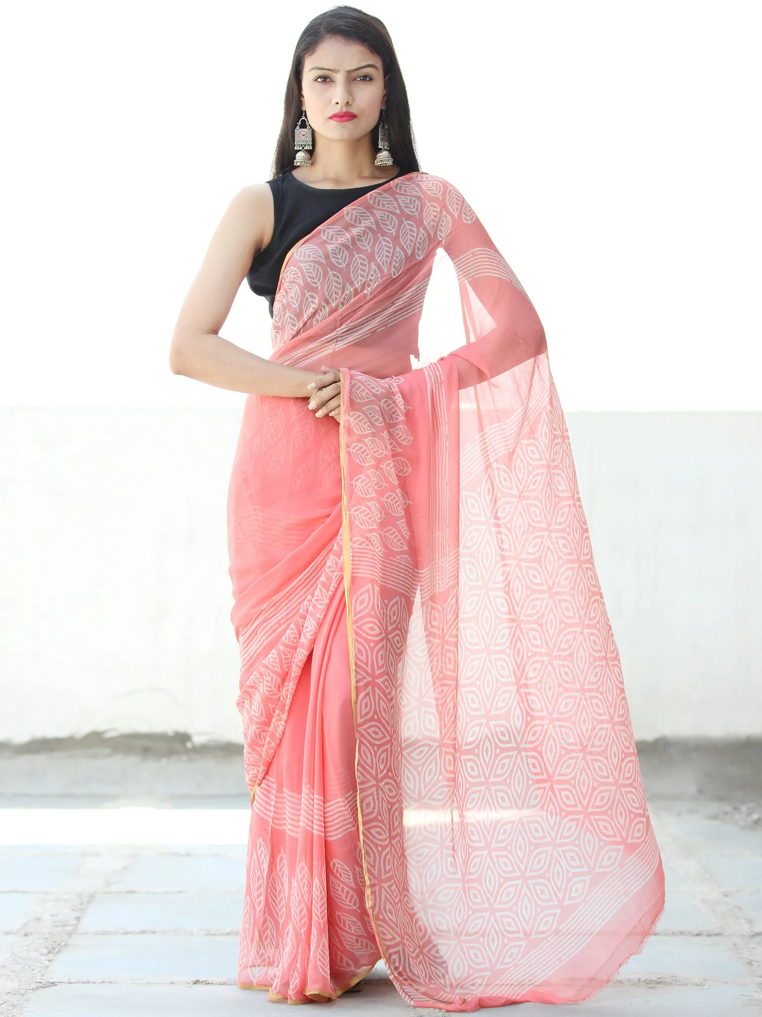 Peach White  Hand Block Printed Chiffon Saree with Zari Border - S031703915