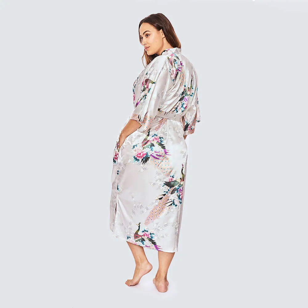 Peacock & Blossoms Long Kimono Robe (Plus Size)