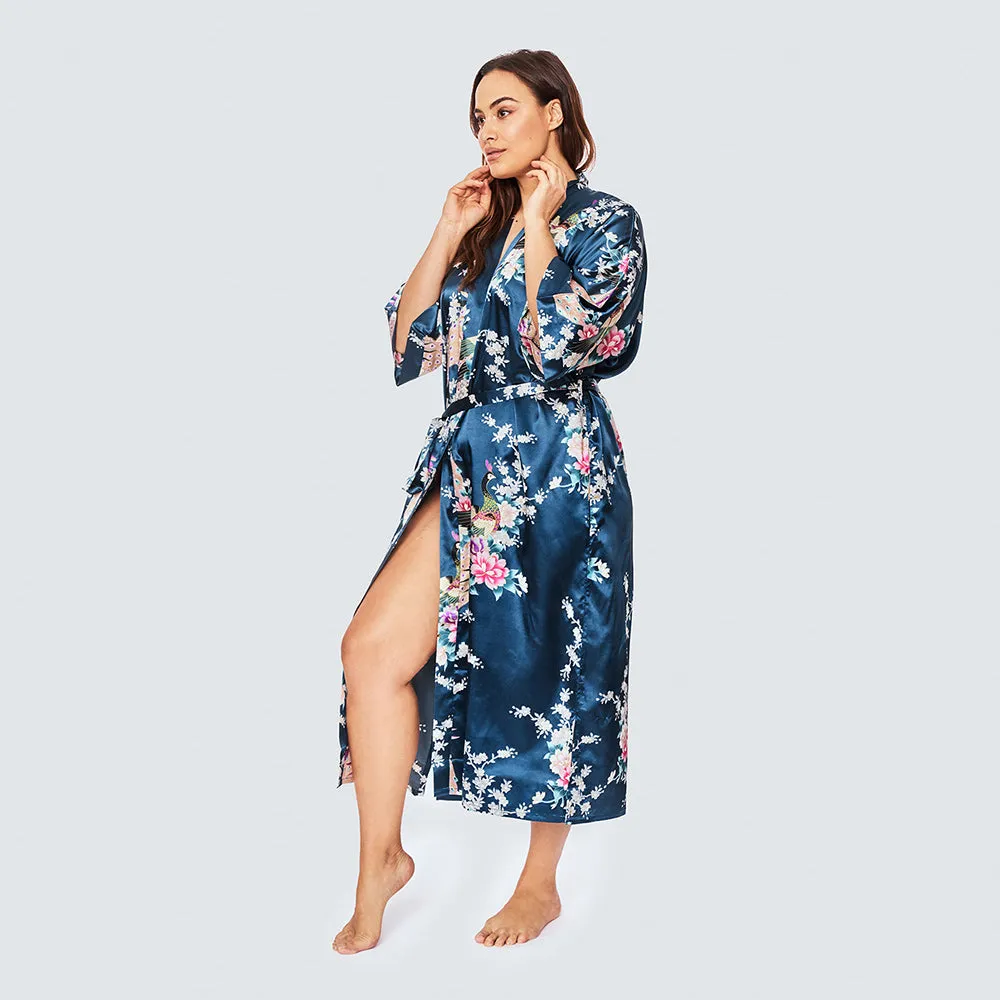 Peacock & Blossoms Long Kimono Robe (Plus Size)