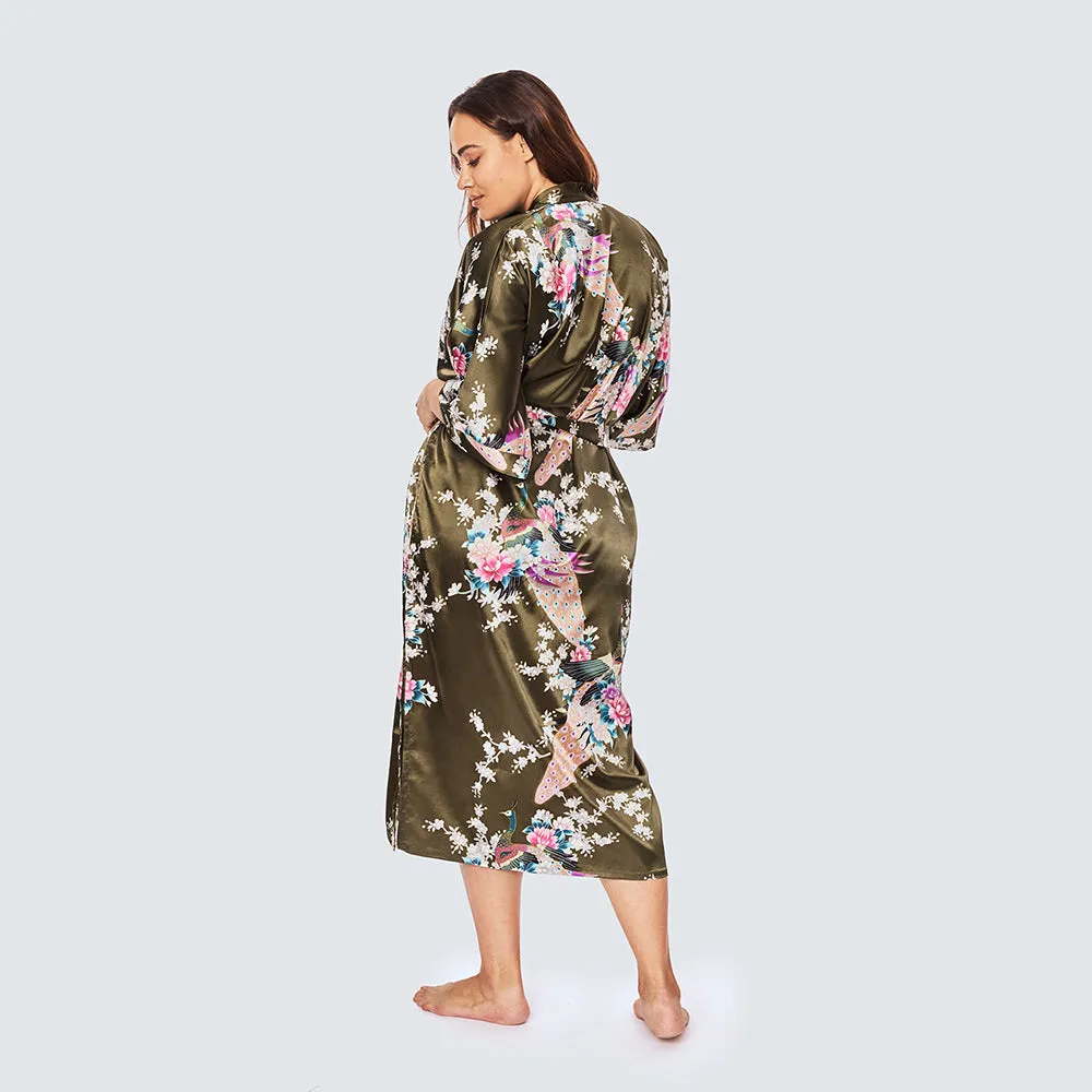 Peacock & Blossoms Long Kimono Robe (Plus Size)