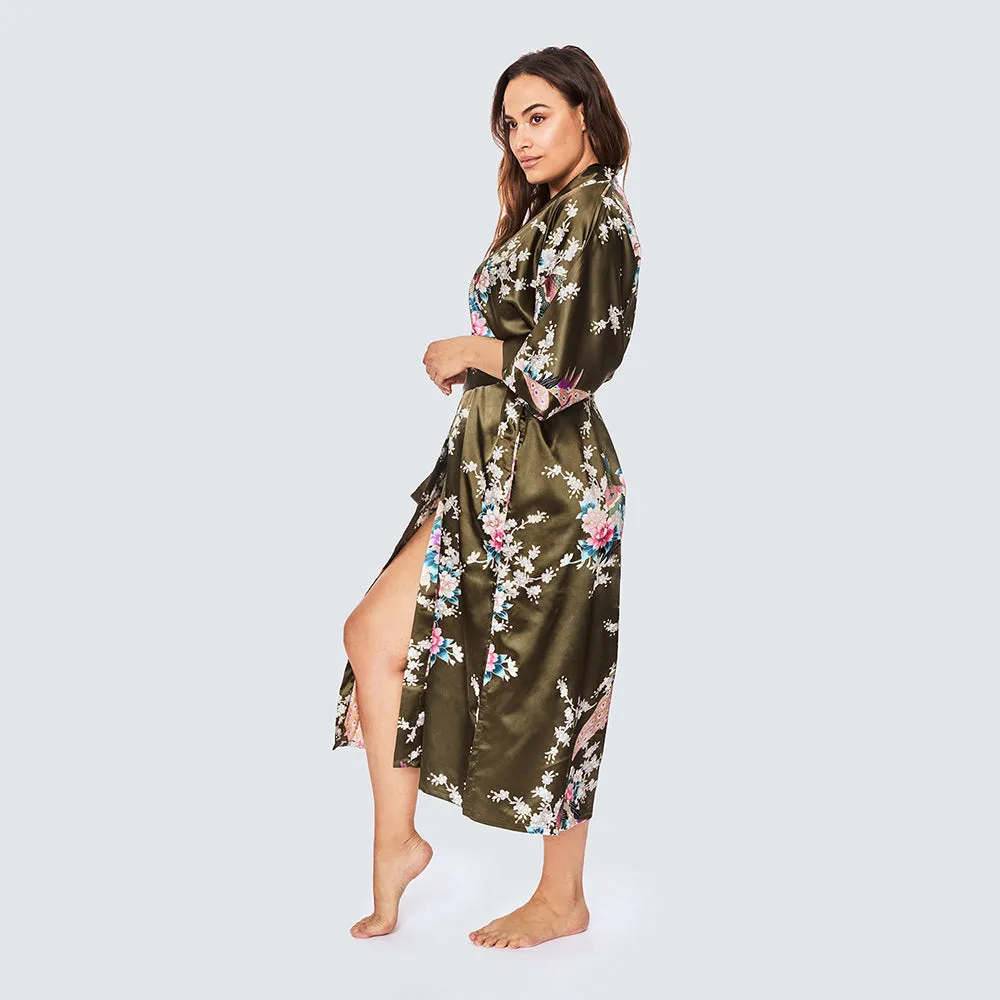 Peacock & Blossoms Long Kimono Robe (Plus Size)