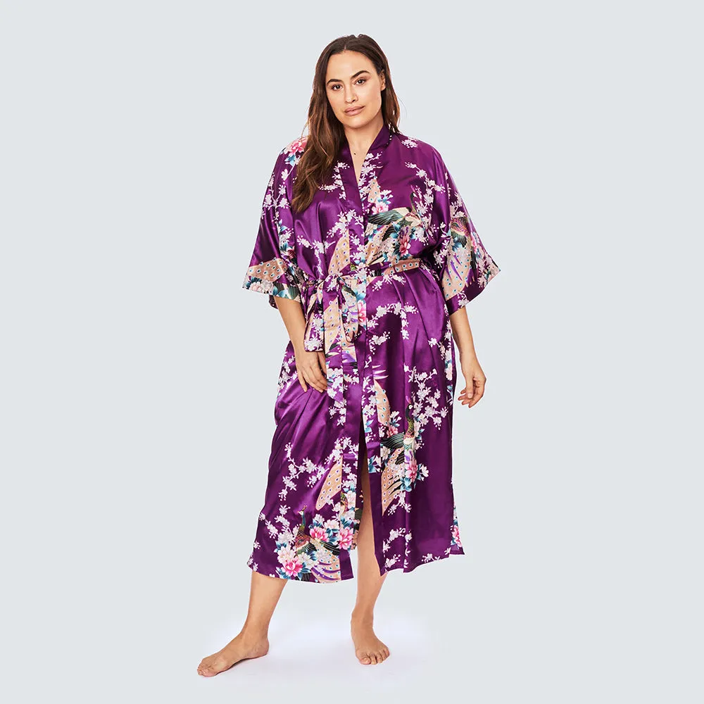 Peacock & Blossoms Long Kimono Robe (Plus Size)