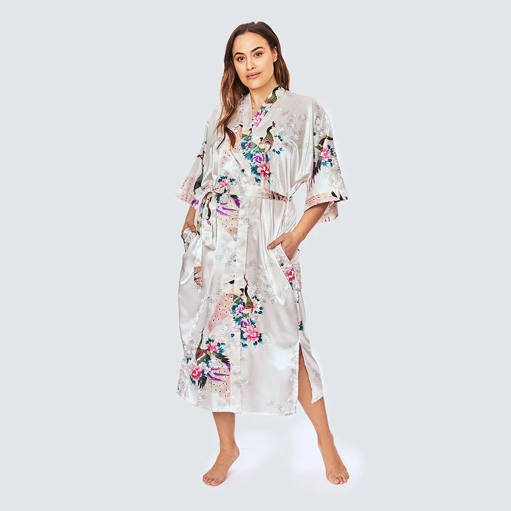 Peacock & Blossoms Long Kimono Robe (Plus Size)