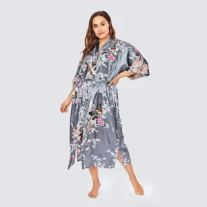 Peacock & Blossoms Long Kimono Robe (Plus Size)