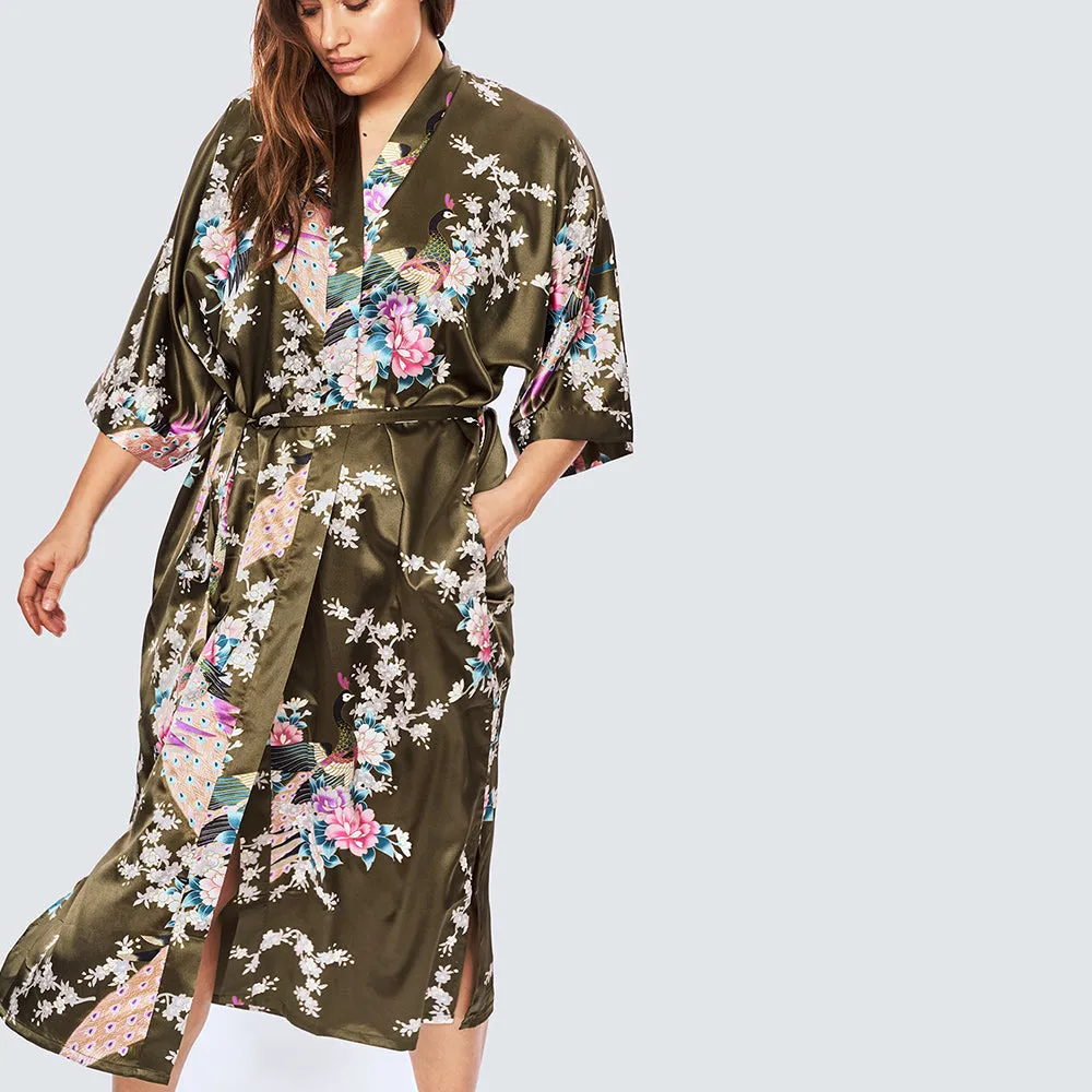 Peacock & Blossoms Long Kimono Robe (Plus Size)