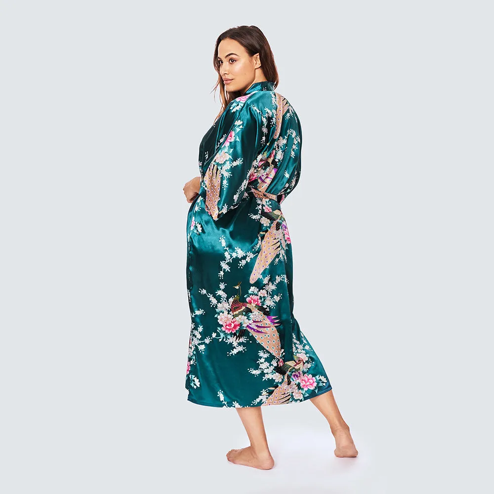 Peacock & Blossoms Long Kimono Robe (Plus Size)