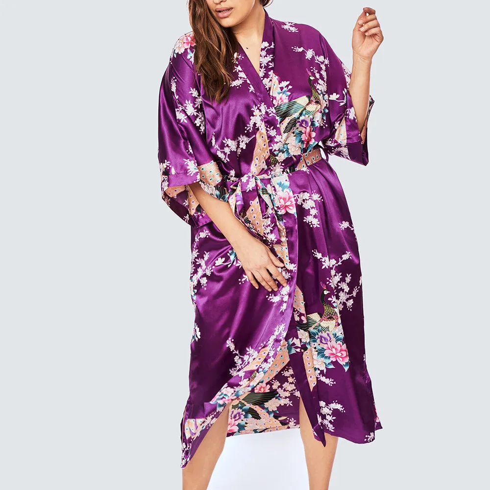 Peacock & Blossoms Long Kimono Robe (Plus Size)