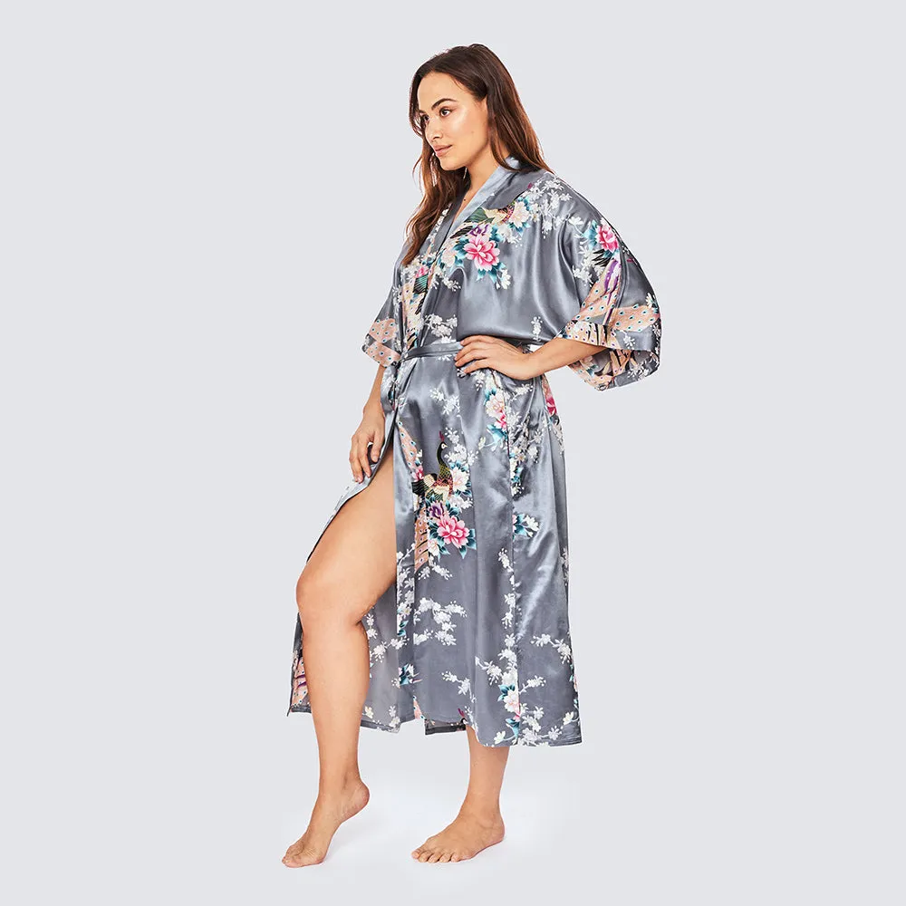 Peacock & Blossoms Long Kimono Robe (Plus Size)