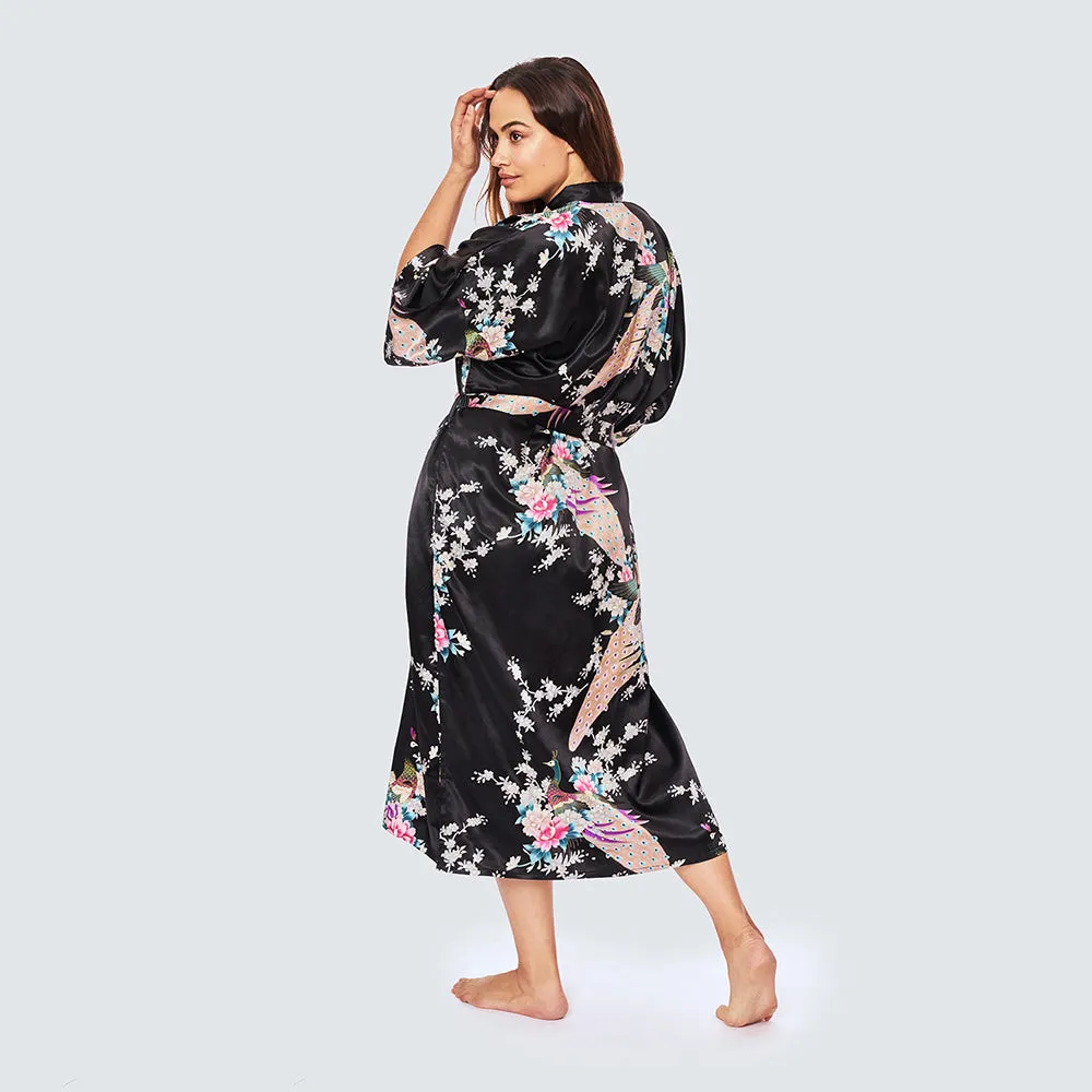 Peacock & Blossoms Long Kimono Robe (Plus Size)