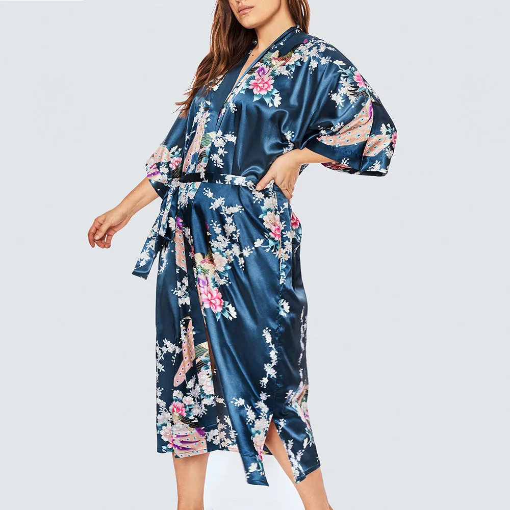 Peacock & Blossoms Long Kimono Robe (Plus Size)