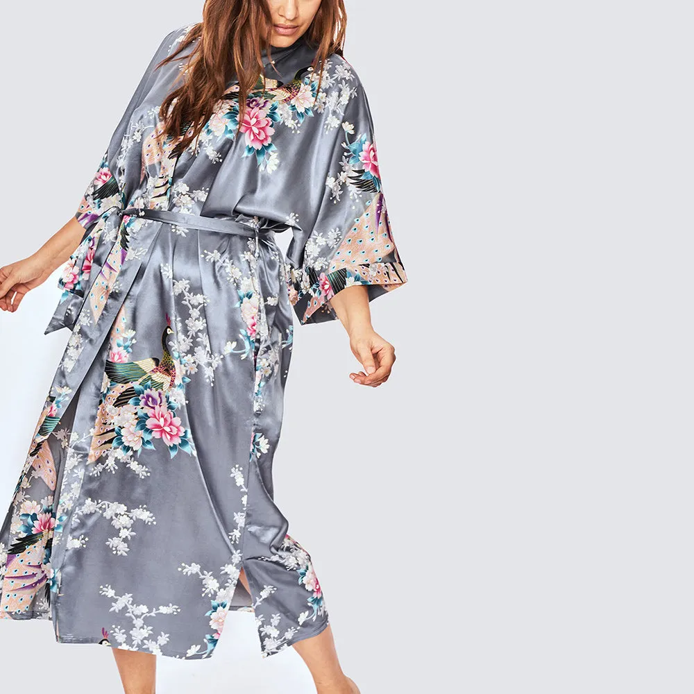 Peacock & Blossoms Long Kimono Robe (Plus Size)