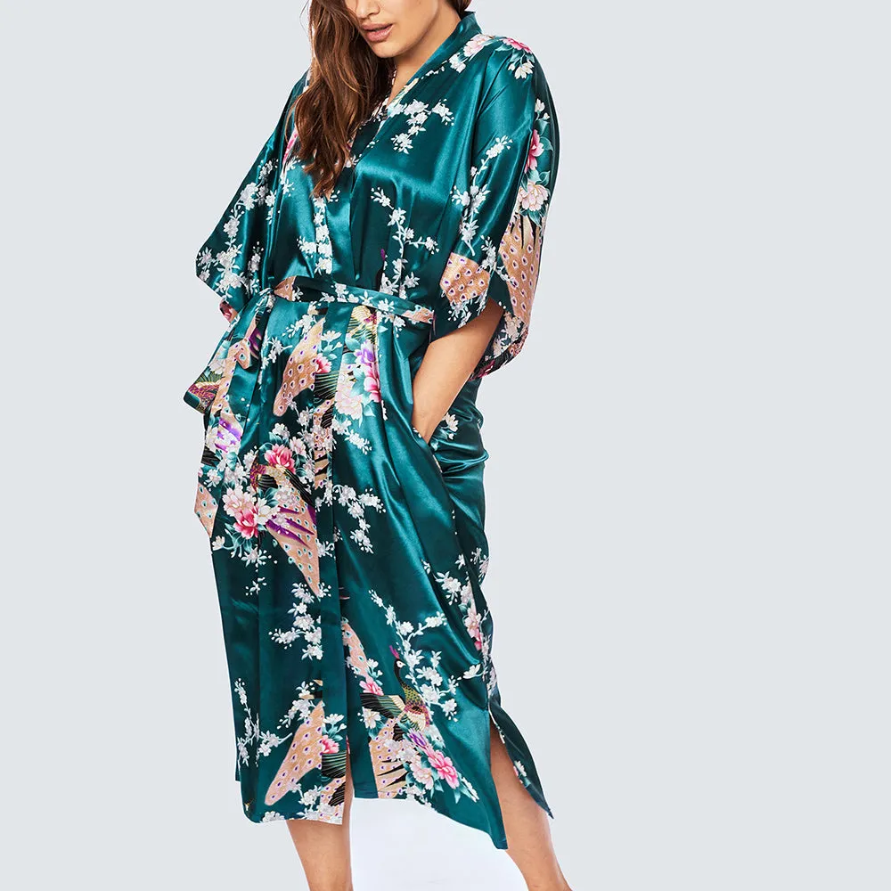 Peacock & Blossoms Long Kimono Robe (Plus Size)