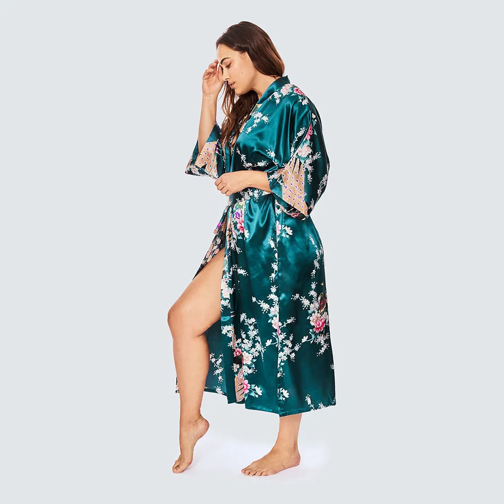 Peacock & Blossoms Long Kimono Robe (Plus Size)