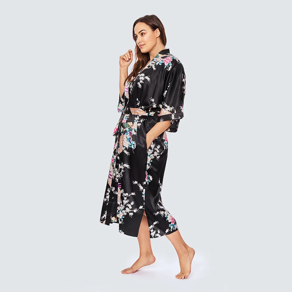 Peacock & Blossoms Long Kimono Robe (Plus Size)