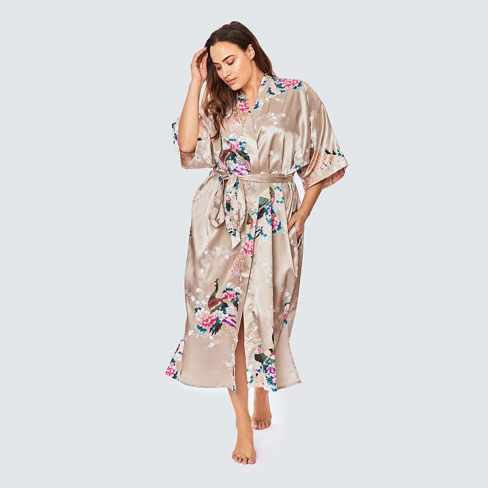 Peacock & Blossoms Long Kimono Robe (Plus Size)