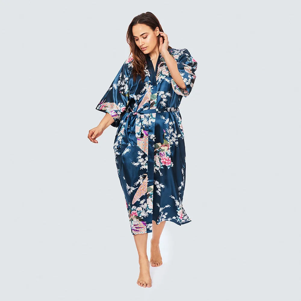 Peacock & Blossoms Long Kimono Robe (Plus Size)