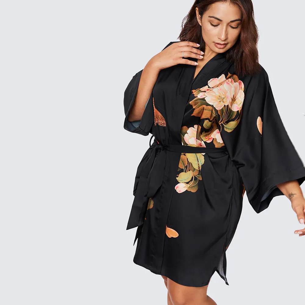 Peony & Butterfly Short Kimono Robe (Plus Size)