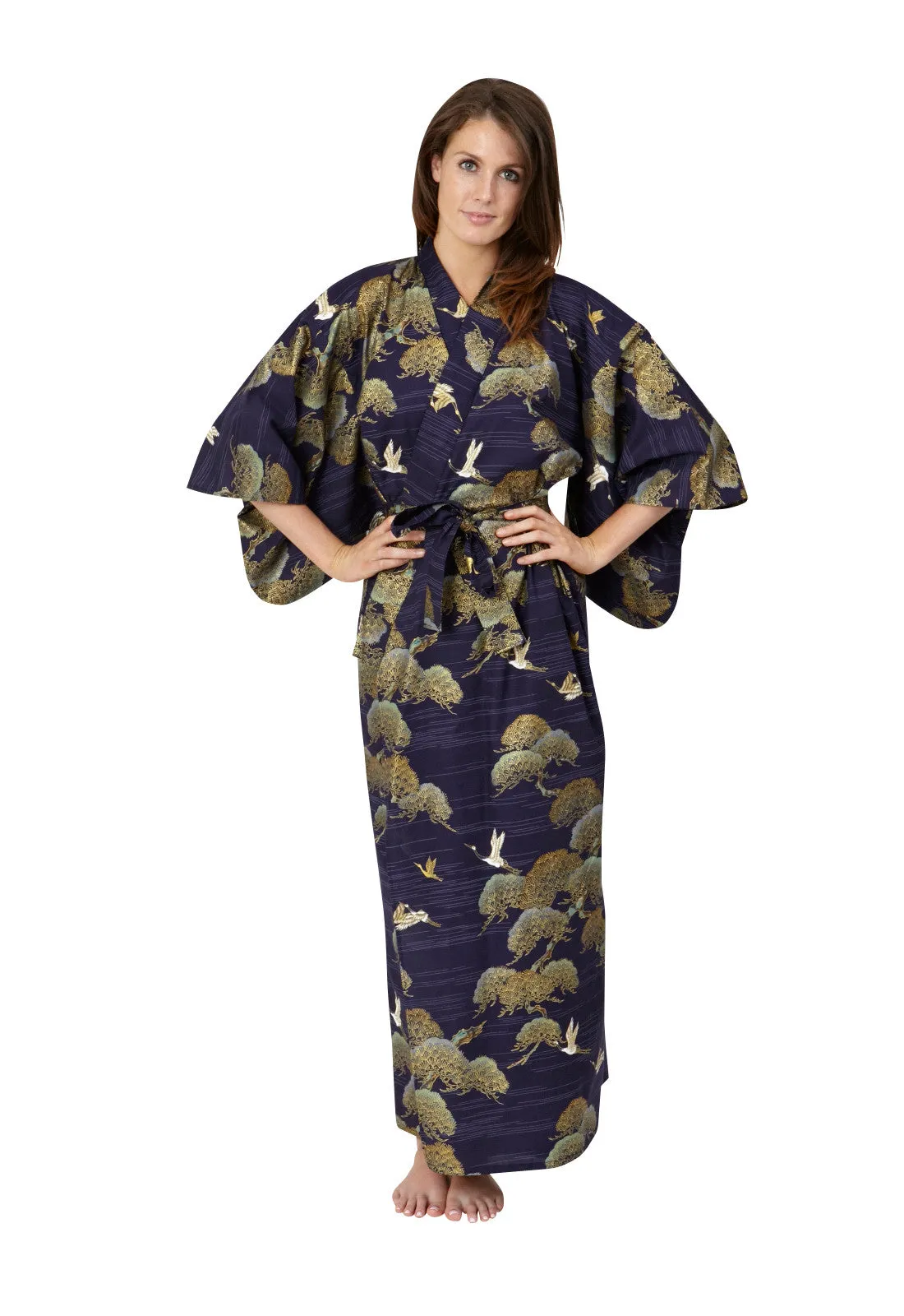 Pines & Cranes Womens Long Cotton Kimono