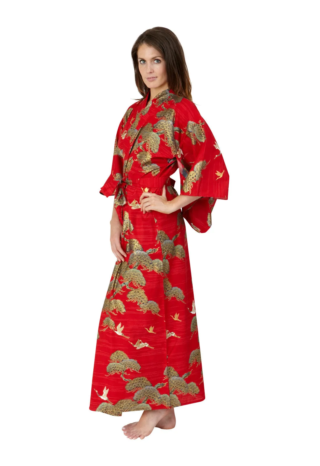 Pines & Cranes Womens Long Cotton Kimono