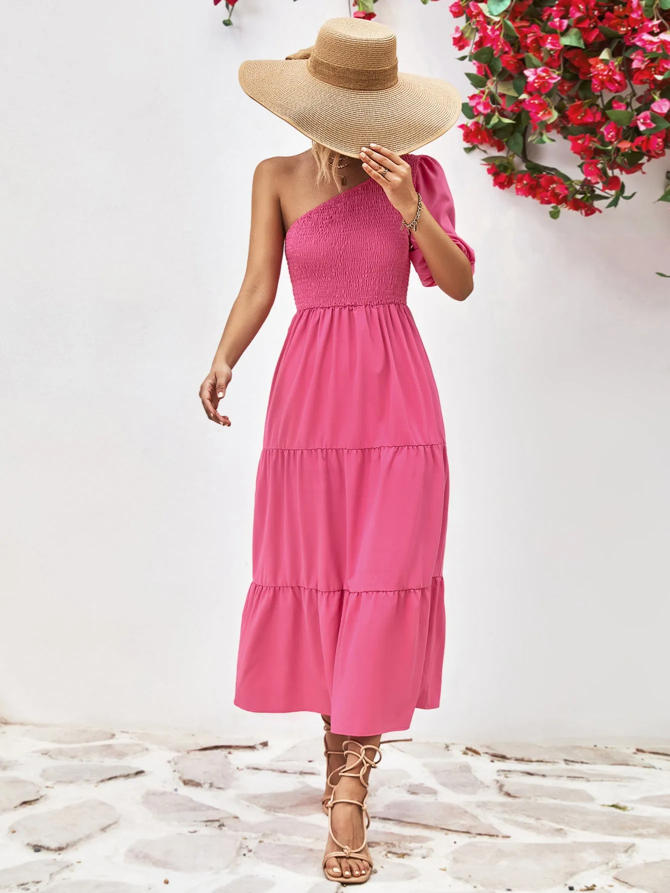 Pink One-Shoulder Vacation Dress