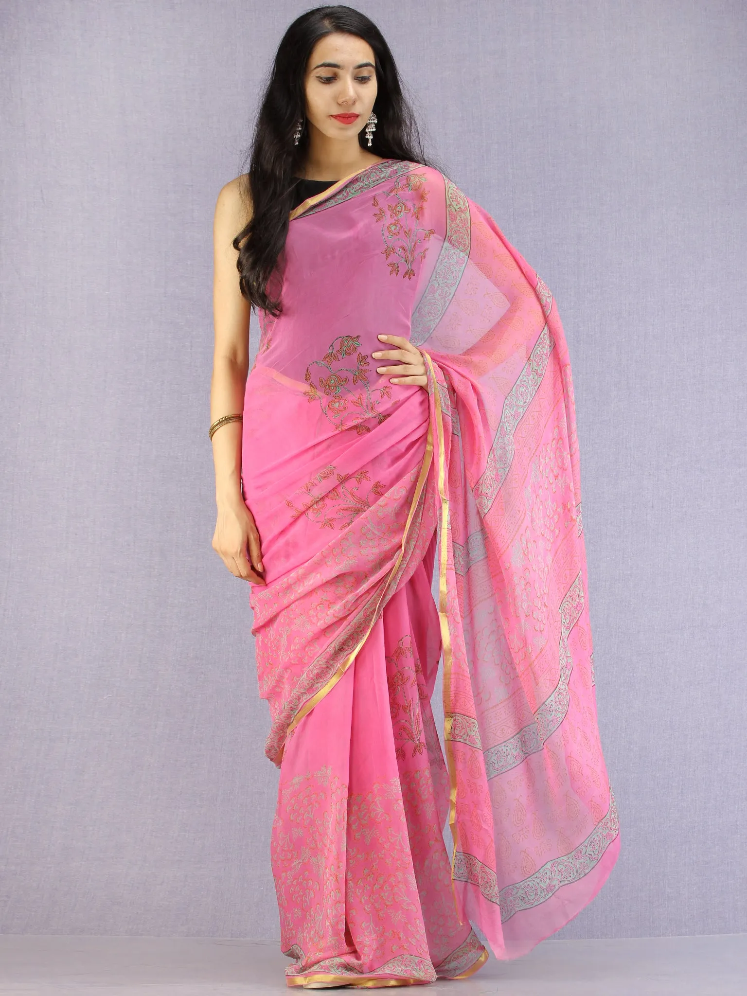 Pink Red Green Hand Block Printed Chiffon Saree with Zari Border - S031704620