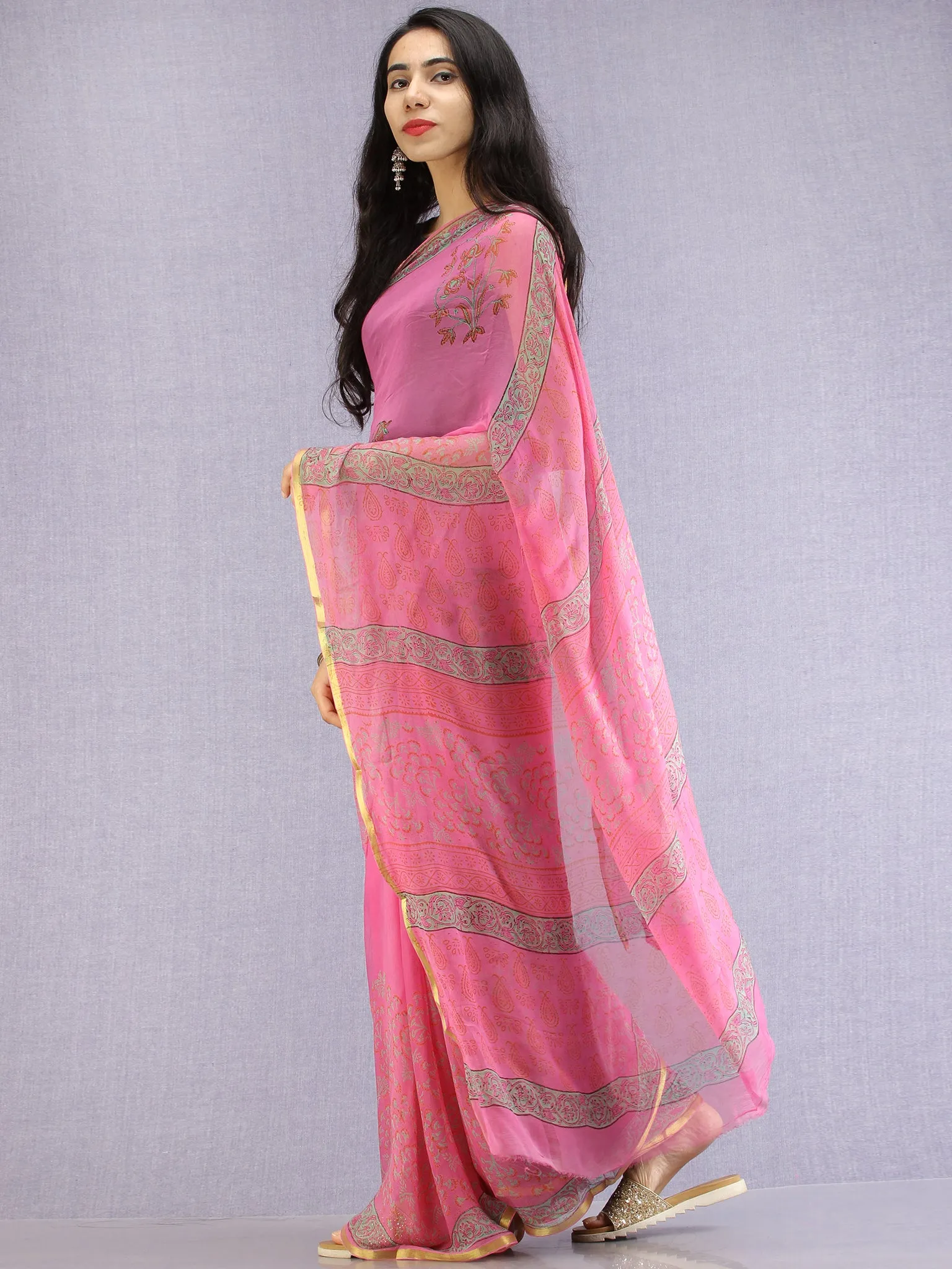 Pink Red Green Hand Block Printed Chiffon Saree with Zari Border - S031704620