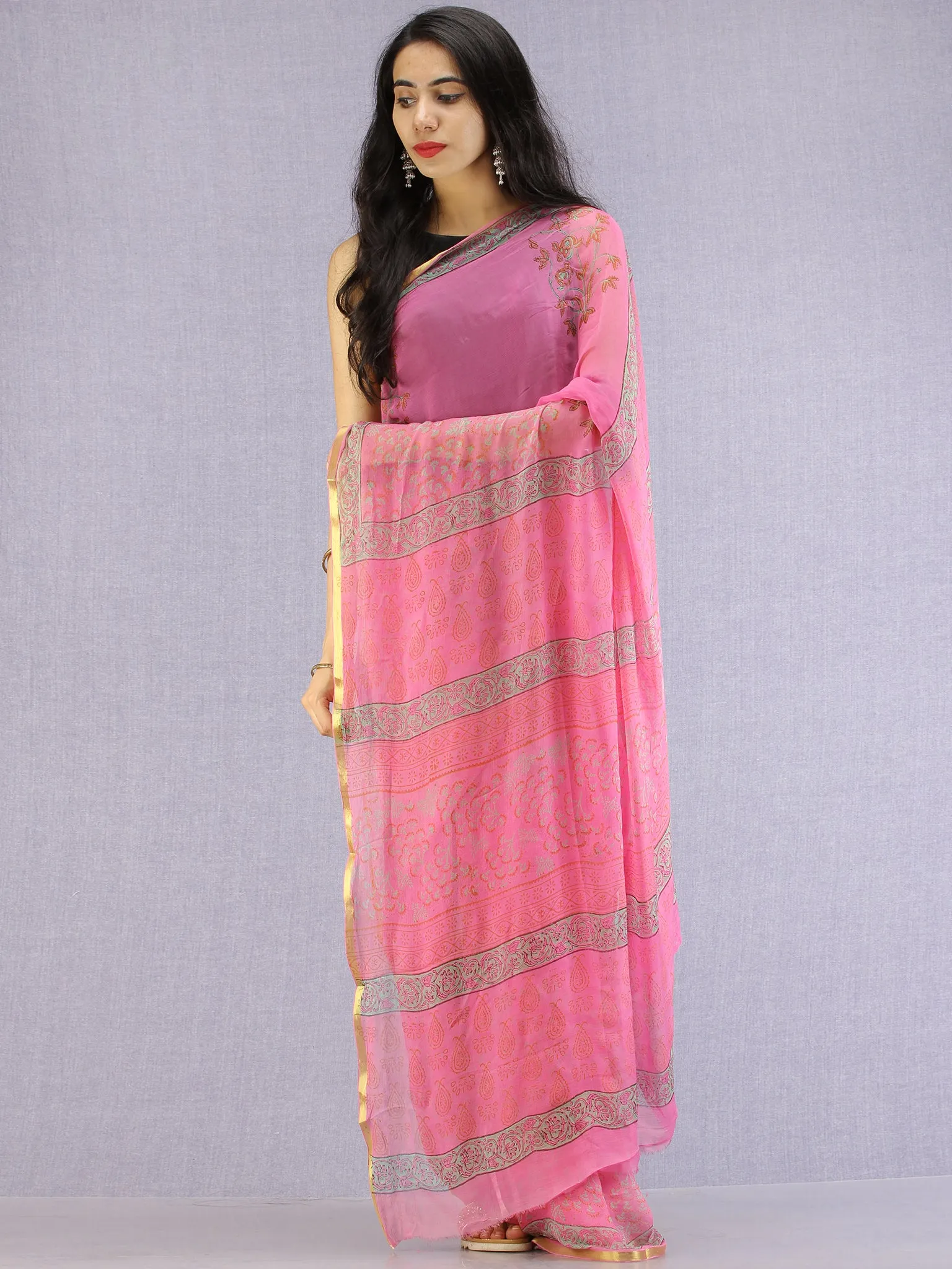 Pink Red Green Hand Block Printed Chiffon Saree with Zari Border - S031704620