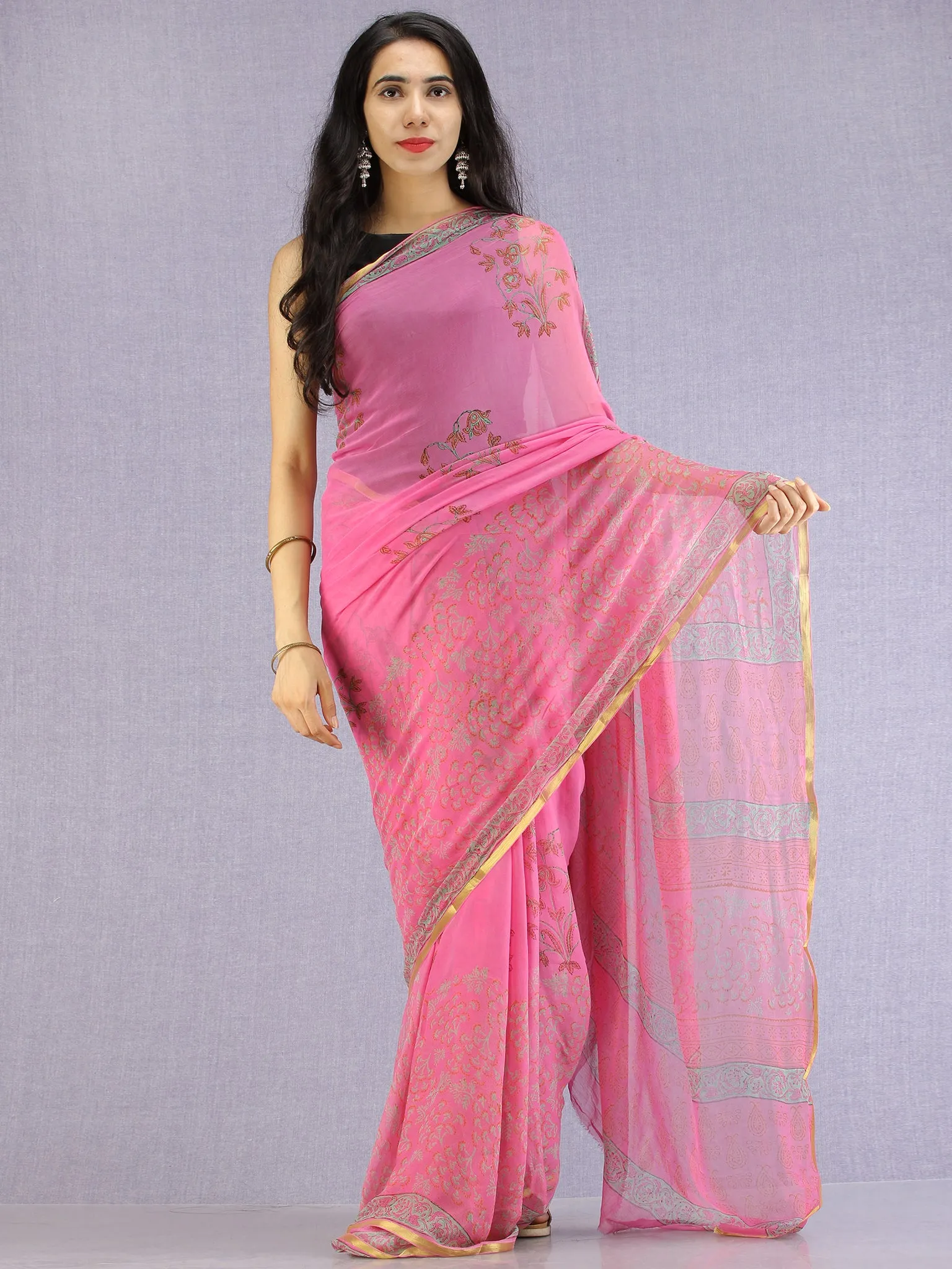 Pink Red Green Hand Block Printed Chiffon Saree with Zari Border - S031704620