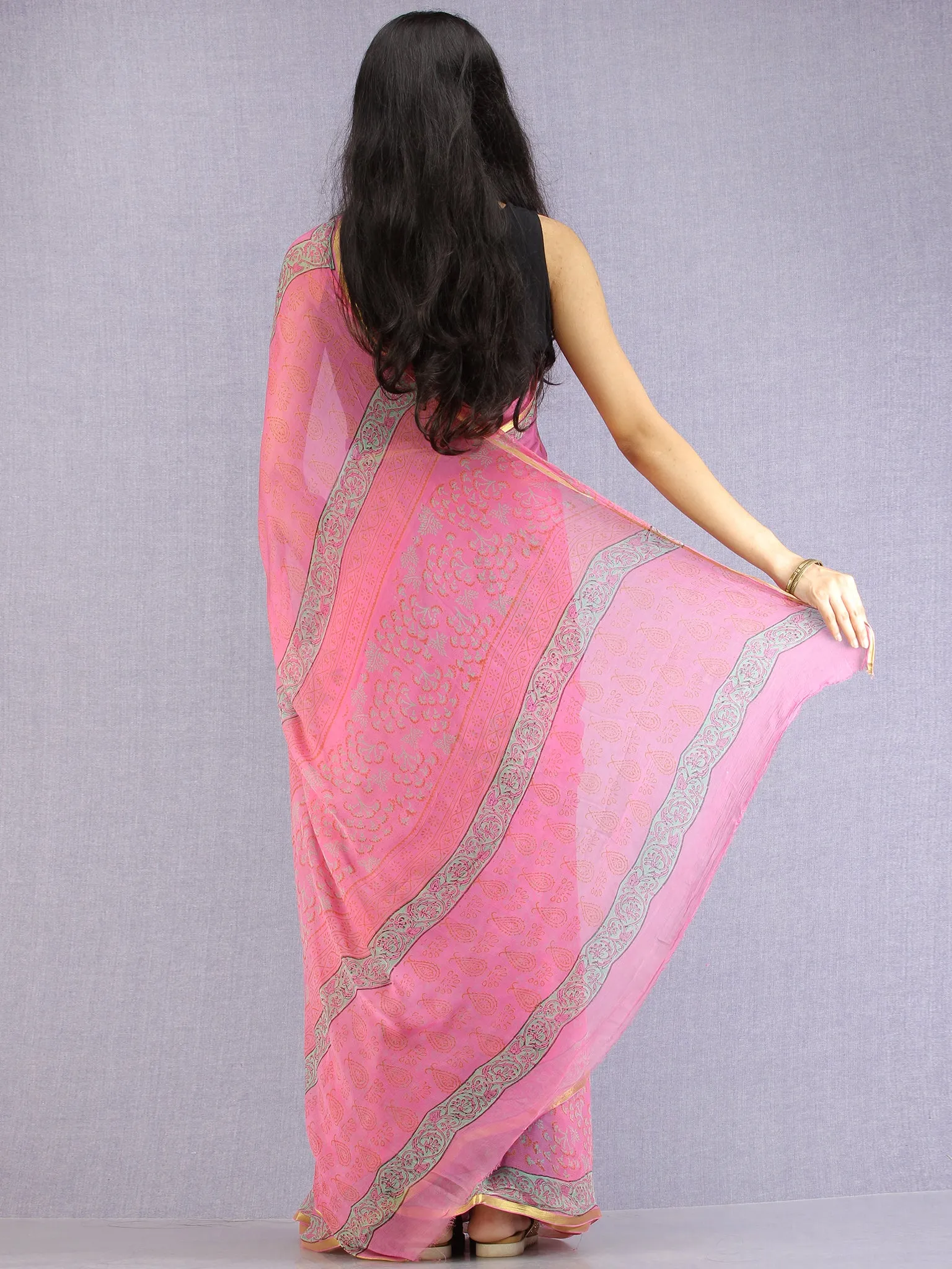 Pink Red Green Hand Block Printed Chiffon Saree with Zari Border - S031704620