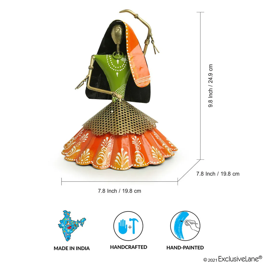 'Rajasthani Kalbeliya Dance Girl' Handpainted Decorative Showpiece (10 Inch, Iron)