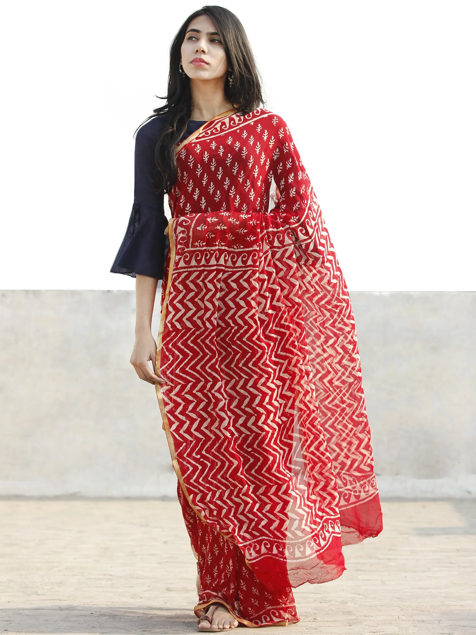 Red and White  Hand Block Printed Chiffon Saree with Zari border- S031702691